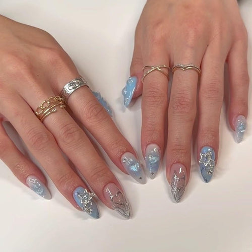 Press on Nails Almond Medium Fake Nails Gradient Blue False Nails with Star Heart Charms Design Stick on Nails Full Cover Glue on Nails Y2k Acrylic Nails Artificial Nails for Women Manicure 24Pcs