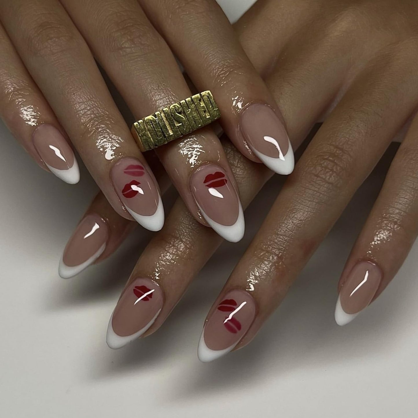 Valentines Press on Nails French Tip Fake Nails Red Lip False Nails Medium Acrylic Nails White Nail Tip Full Cover Glossy Stick on Nails Cute Artificial Nails Almond Glue on Nails for Women Manicure