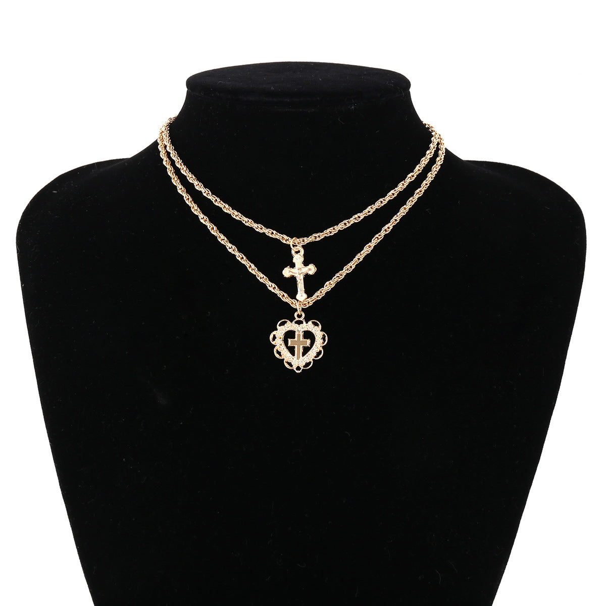 Double Layer Heart Necklace with Cross Pendant