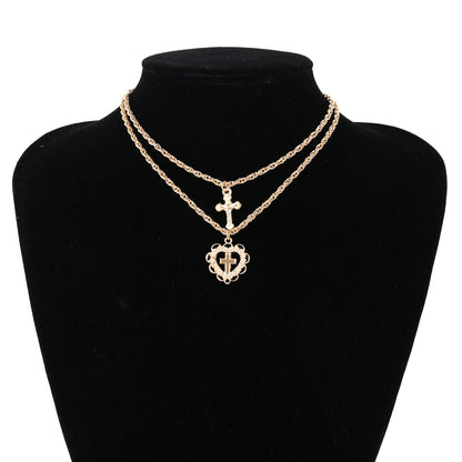 Double Layer Heart Necklace with Cross Pendant