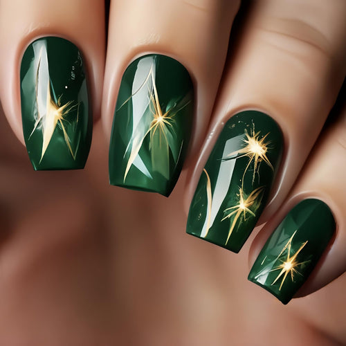 Green Press on Nails Medium Square False Nails Lightning Design Medium Nails Full Cover Glossy Artificial Nails Acrylic Coffin Nails Reusable Glue on Nails DIY Stick on Nails for Women 24Pcs