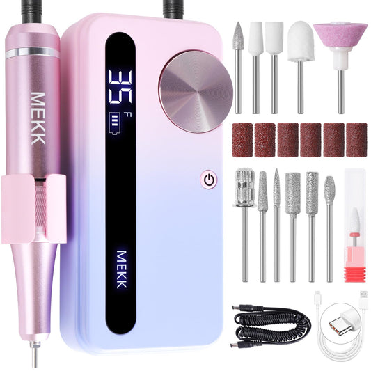 MEKK Nail Drill Professional 35000RPMPortable Nail Drill with 12PCS Drill BitsAcrylic Nail Drill KitCordless Electric Nail Drill No-Shake Nail Filer Electric for Nails Gel Polish RemoveSalon(Pink)