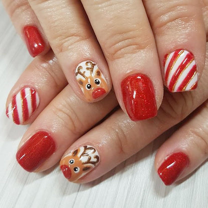 24Pcs Christmas Fake Nails Cute Press on Nails Short Square False Nails Red Glitter Full Cover Christmas Acrylic Nails 3D Kawaii Elk Glue on Nails Xmas Artificial Nails Stick on Nails for Winter Nails