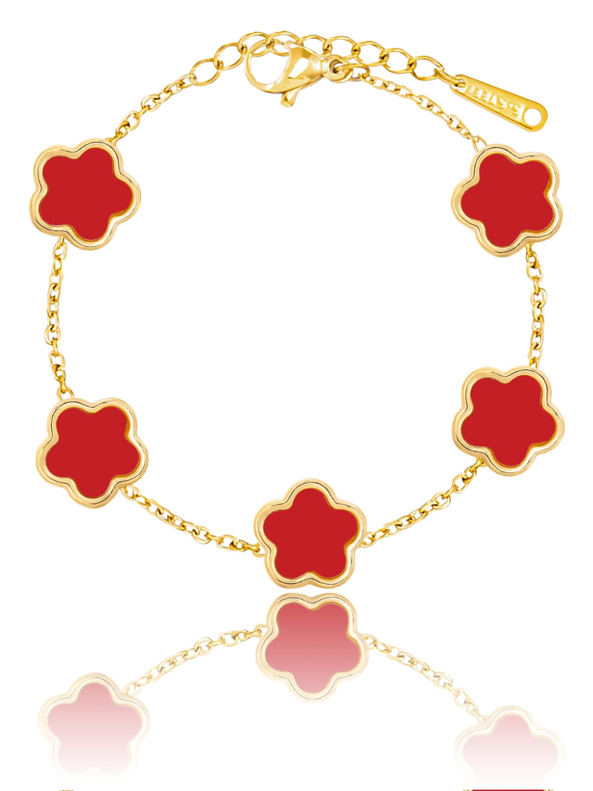 Dainty Four Leaf Clover Bracelets for Women Lucky Flower Jewelry (Red-14K Gold)