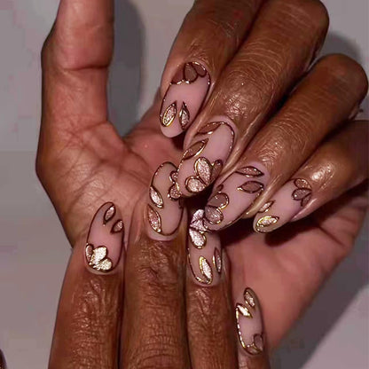 Butterfly Almond Press on Nails Medium Fake Nails with Gold Glitter Designs Nude Pink False Nails Press ons Acrylic Nails Fall Glue on Nails Artificial Stick on Nails for Women 24Pcs