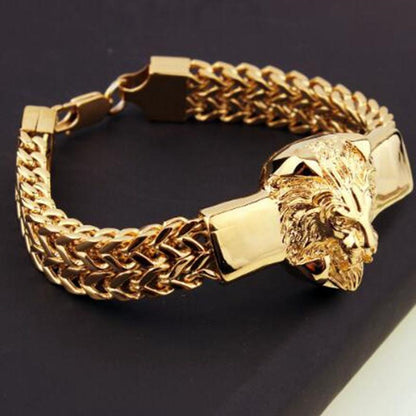 Men's Gold Stainless Steel Franco Chain Lion Head Bracelet