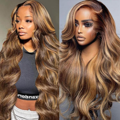 Enaiiby 26 Inch Highlight 13x6 HD Lace Front Wigs Human Hair P4/27 Honey Blonde Lace Frontal Wig 180% Density Ombre Body Wave Wig Pre Plucked with Baby Hair Honey Blonde Wig Human Hair 13x6