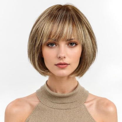 KKU 10 Inch Brown Mixed Blonde Wigs Human Hair for Women Remy Human Hair Wigs Human Hair Wigs with Bangs