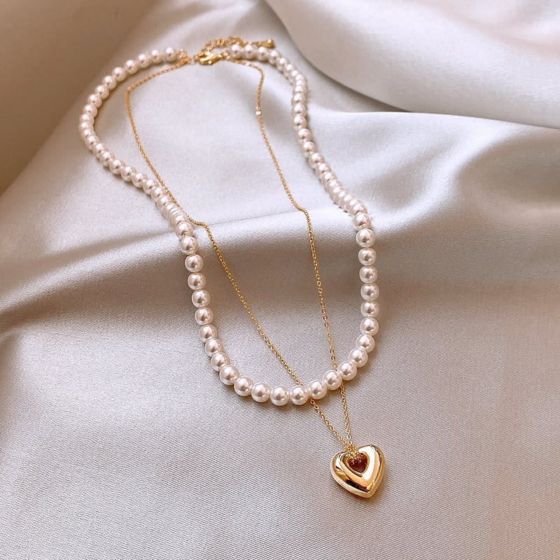 Double Layer Pearl Heart Necklace for Women