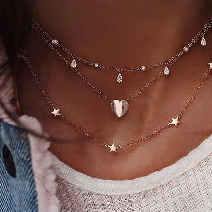 Layered Heart and Star Pendant Necklace with Rhinestones