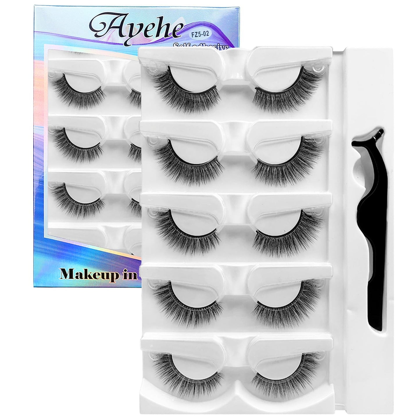 False Eyelashes Self-Adhesive False Eyelashes Fluffy Reusable Lightweight Easy to Apply Wispy Black 5 Pairs Long