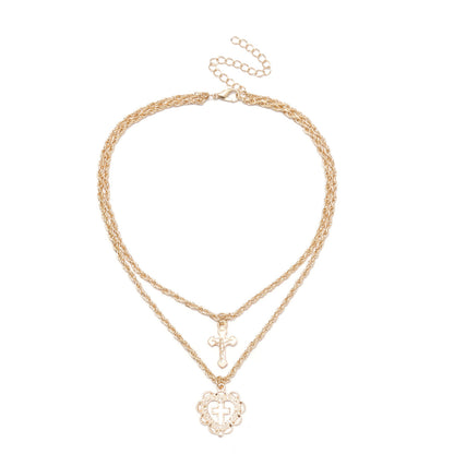 Double Layer Heart Necklace with Cross Pendant