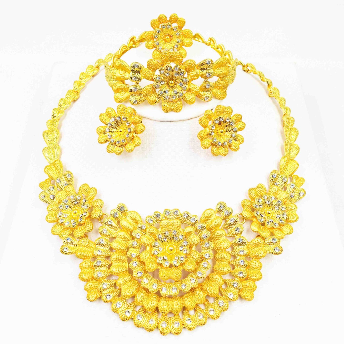 24K Gold Alloy Jewelry Set: Necklace, Bracelet, Ring, Earrings