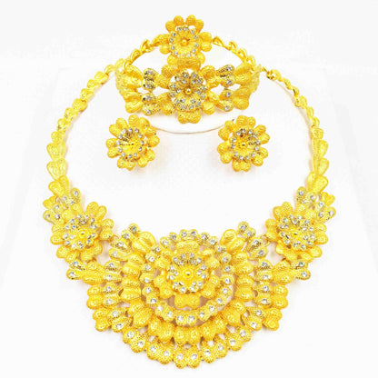 24K Gold Alloy Jewelry Set: Necklace, Bracelet, Ring, Earrings