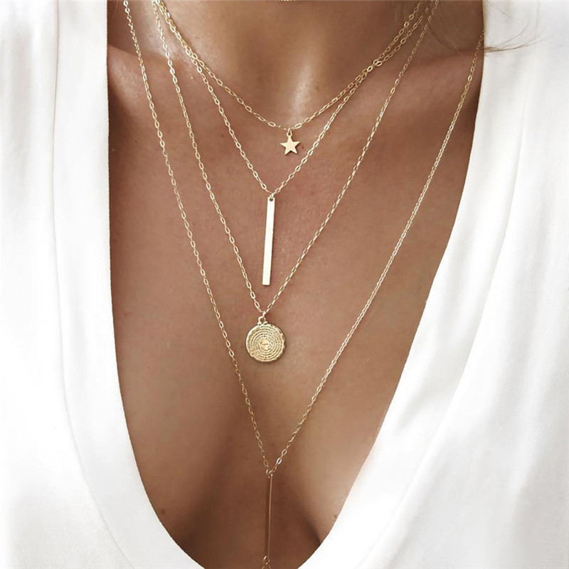 Star Pendant with Long Rod, Multi-layer Necklace Set
