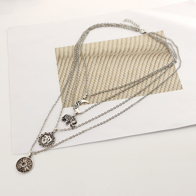 Vintage Bohemian Elephant Pendant Layered Choker Necklace