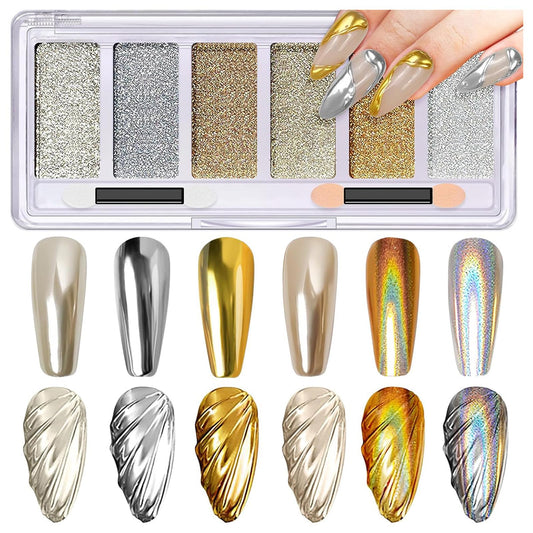 Chrome Nail Powder Palette-6 Colors Aurora Metallic Nail Powder Holographic Mirror Effect Champagne Chrome Powder Iridescent Shell Powder Glitter Dust KitNail Art Decoration (Gold Color)