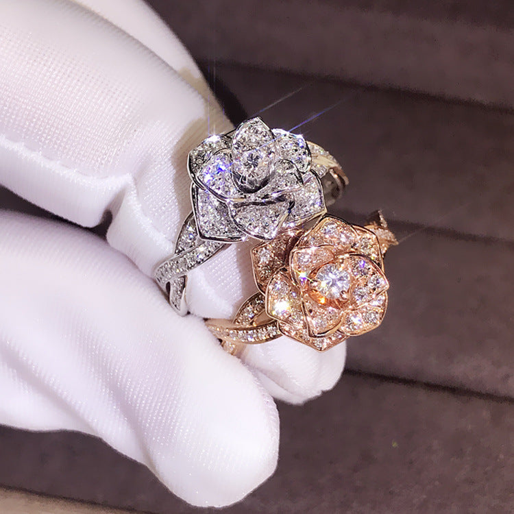 Rose Gold Simulated Diamond Rose Ring for Women
