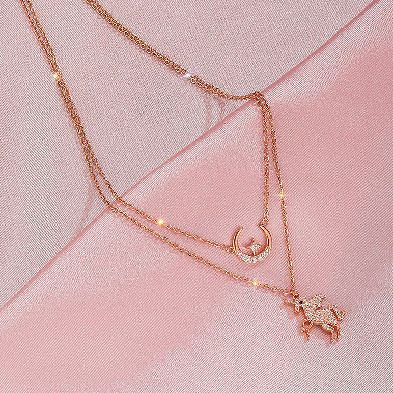 Romantic Unicorn Star Moon Necklace, Double Layer Chain