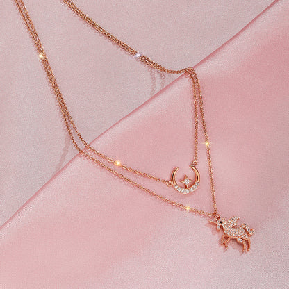 Romantic Unicorn Star Moon Necklace, Double Layer Chain