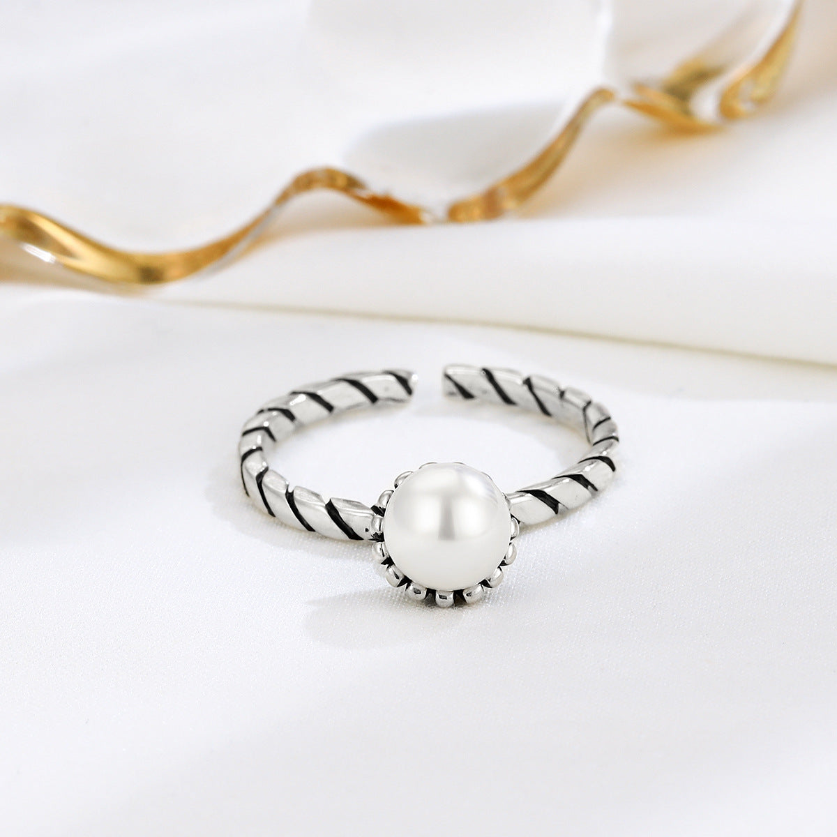 S925 Silver Vintage Pearl Open Ring for Women