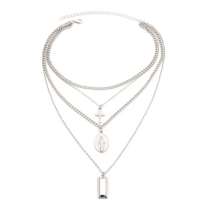 Multi-Layer Necklace with Cross and Virgin Mary Design