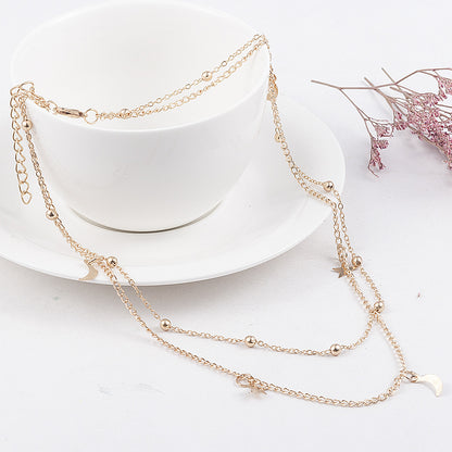 Double Layer Moon Star Beaded Choker Necklace