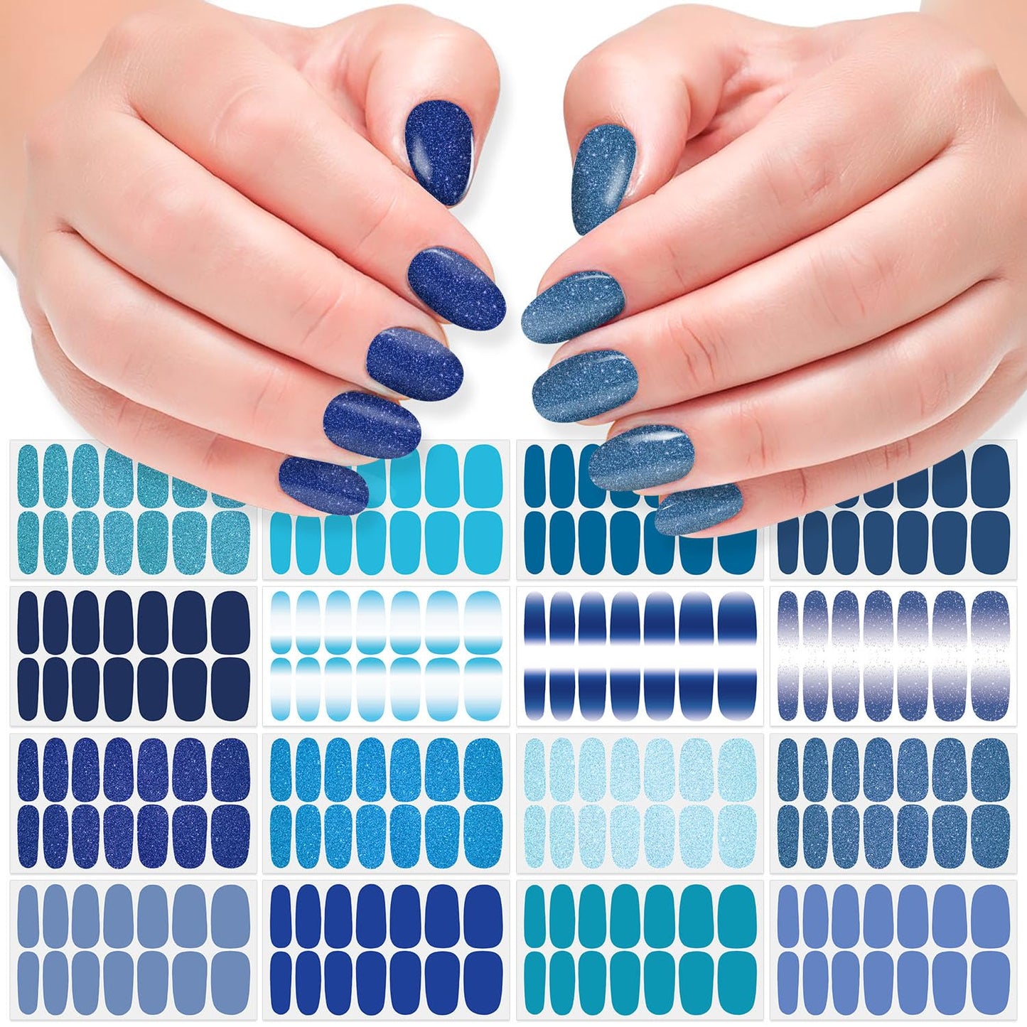 DANNEASY 16 Sheets Nail Polish Stickers Full Nail Wraps for Women Blue Glitter&Solid Color Fingernails Wrap Self Adhesive Nail Polish Strips Gel Nail Strips with Nail File Cuticle Stick