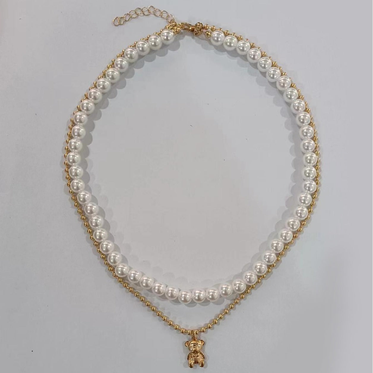 Trendy Layered Pearl Necklace with Bear Pendant