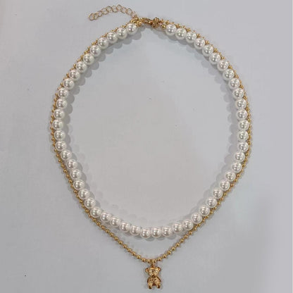 Trendy Layered Pearl Necklace with Bear Pendant