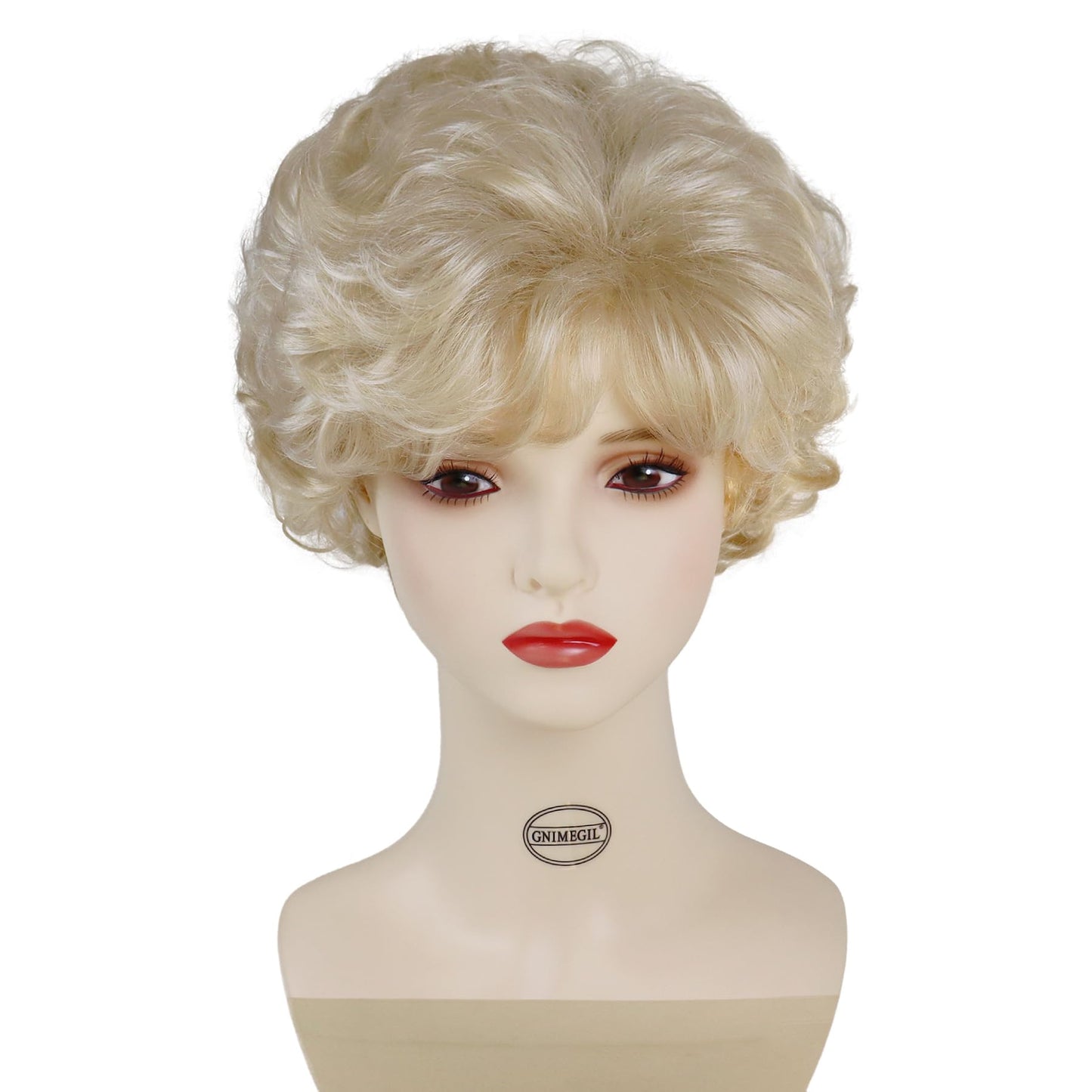 GNIMEGIL Golden Blonde Wig Natural Short Curly Hair Womens Pixie Cuts Wigs with Bangs Synthetic Layered Wigs Girls Cosplay Wig
