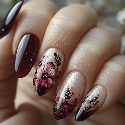 Press On Nails Almond Fake Nails Flower Stick On Nails Glossy Shiny Uñas Postizas Acrylic Nails Kit Press On Nails For Women 24pcs
