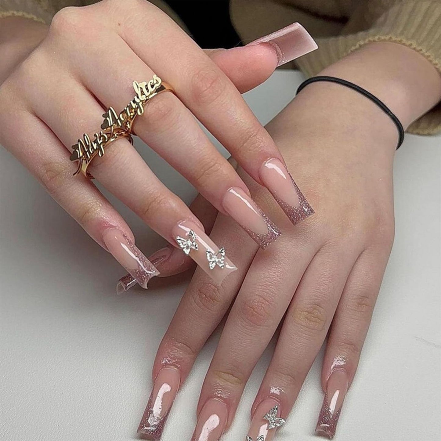 IMRAIN Glitter French Tips Press on Nails Square Long Fake Nails Brown Butterfly Designs Glossy Glue on Acrylic Nails Press ons Full Cover for Women 24Pcs