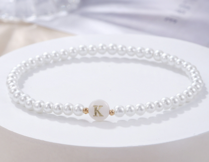 Dainty Faux Pearl Bead Initial Bracelet for Women