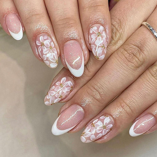 White French Tip Press on Nails Almond Medium Fake Nails Glitter Nails Press ons Glossy Glue on Nails Spring False Nails with Flower Designs Nude Artificial Stick on Nails for Women 24Pcs
