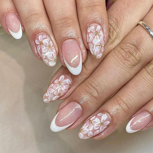 White French Tip Press on Nails Almond Medium Fake Nails Glitter Nails Press ons Glossy Glue on Nails Spring False Nails with Flower Designs Nude Artificial Stick on Nails for Women 24Pcs