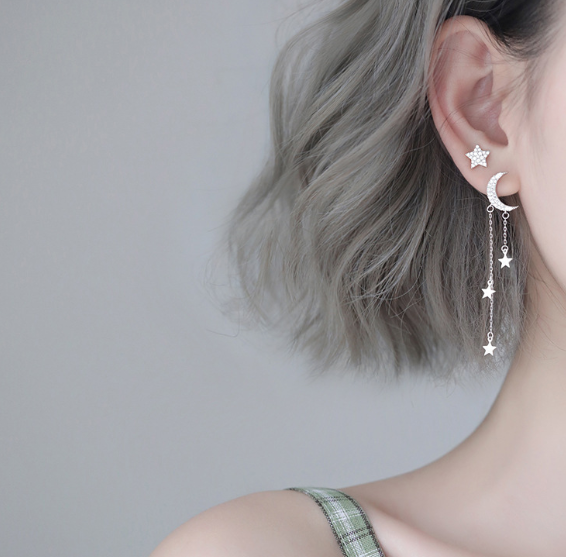 Star and Moon Asymmetric S925 Silver Earrings
