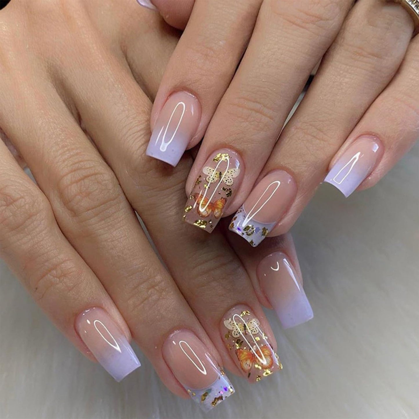 Butterfly Press on Nails Medium Square Fake Nails Purple French Tip False Nails with Designs Gold Foil Gradient Acrylic Glossy Glue on Nails Stick on Nails Cute Artificial Nails for Women 24Pcs
