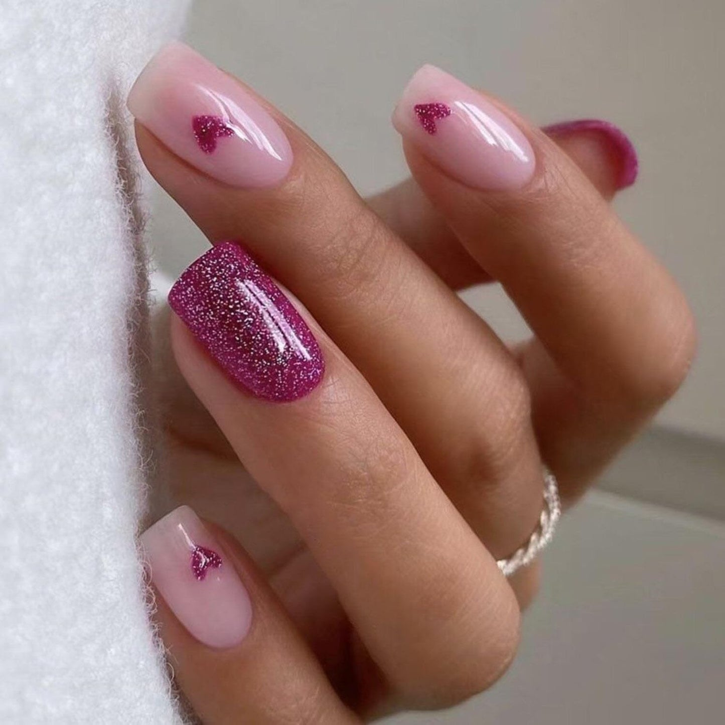 Valentines Press on Nails Medium Square Fake Nails Pink Nude False Nails with Purple Glitter Designs Glossy Heart Stick on Nails Glue on Nails Valentines Nails Acrylic Nails for Women Girls 24 Pcs