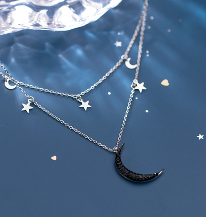 Ailuoqi S925 Silver Double Layer Star Moon Necklace