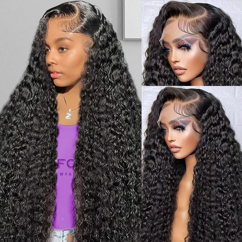 Fivegren 30 Inch Deep Wave Lace Front Wigs Human Hair Pre Plucked 13x6 250 Density HD Lace Frontal Human Hair Wigs Curly Lace Front Wig Human Hair Natural Black Deep Wave Wig Glueless Wigs