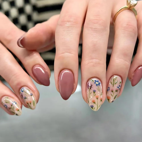 Almond Press on Nails Short Fake Nails With Flowers Designs Brown False Nails Glossy Full Cover Stick on Nails Acrylic Glue on Nails Floral Artificial Nails for Women 24Pcs