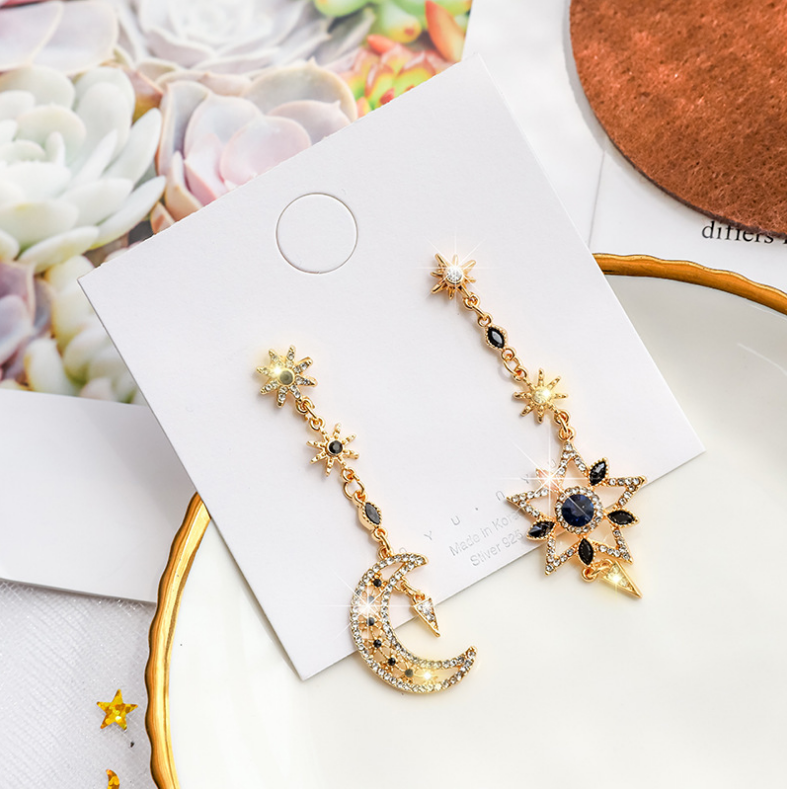 Asymmetrical Star and Moon S925 Silver Earrings