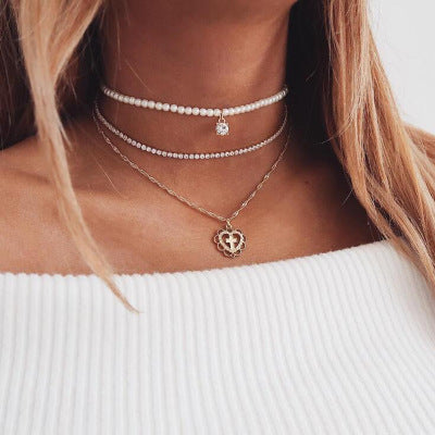 Pearl and Rhinestone Heart Pendant Layered Necklace Set