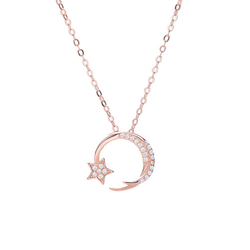 S925 Silver Star and Moon Pendant Necklace