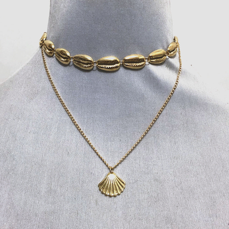 Versatile Metal Layered Necklace with Shell Pendant