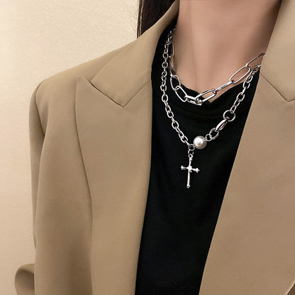 Double Layer Pearl Cross Pendant Necklace for Women