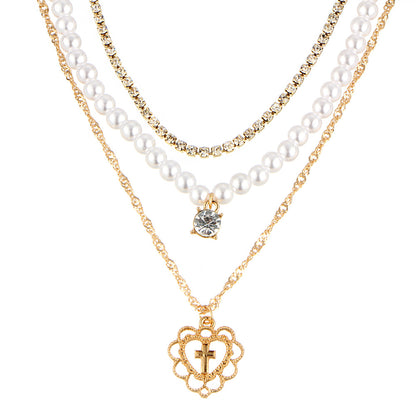Pearl and Rhinestone Heart Pendant Layered Necklace Set