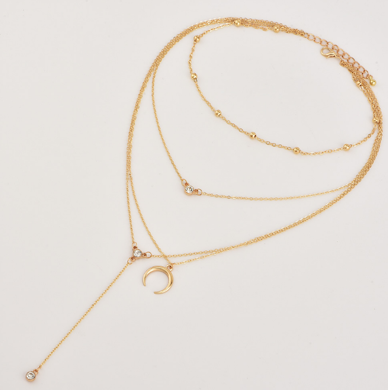 Multi-Layer Necklace with Moon Pendant and Beads