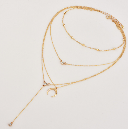 Multi-Layer Necklace with Moon Pendant and Beads